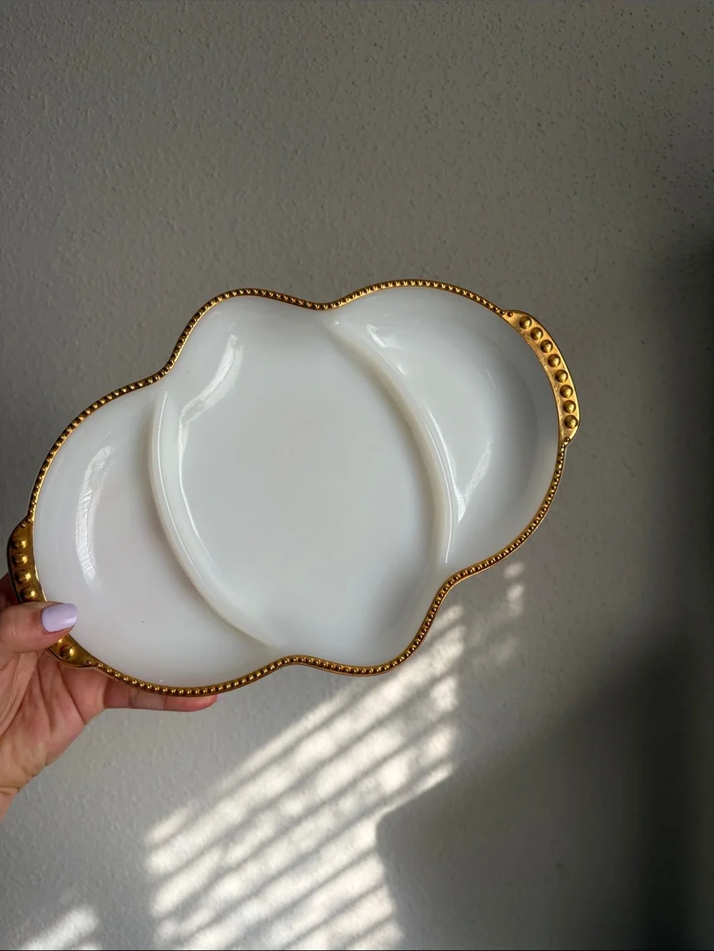 Fire King Vintage Milk Glass Divided Serving Relish Dish with 22k Gold Trin